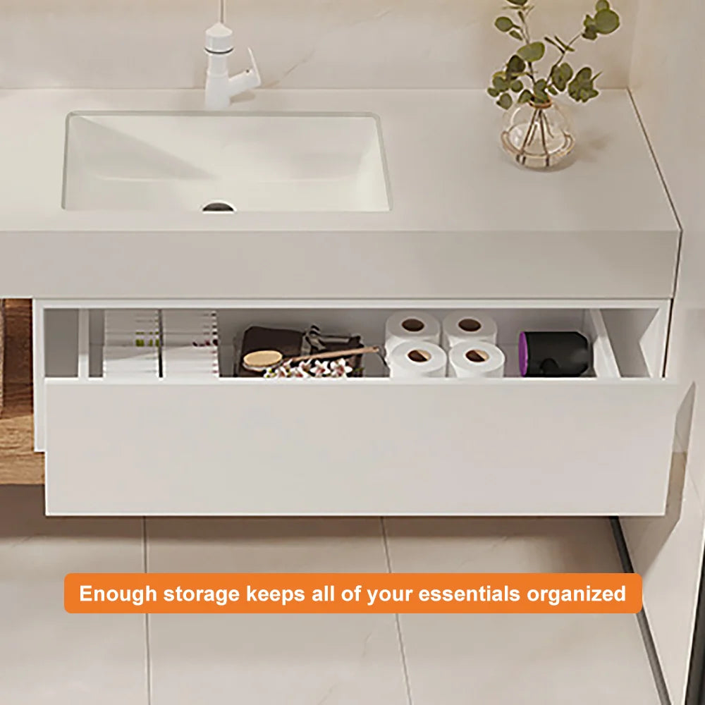 Modern Floating Bathroom Vanity Set With Single Sink Wall-Mounted In White & Natural