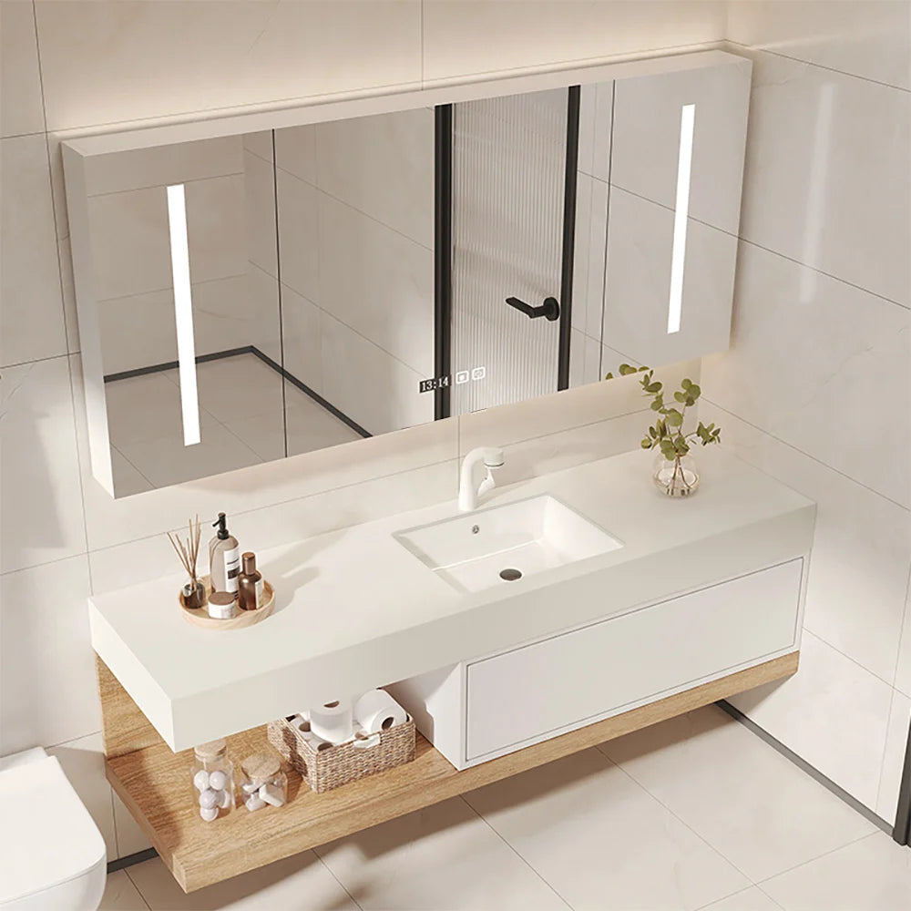 Modern Floating Bathroom Vanity Set With Single Sink Wall-Mounted In White & Natural