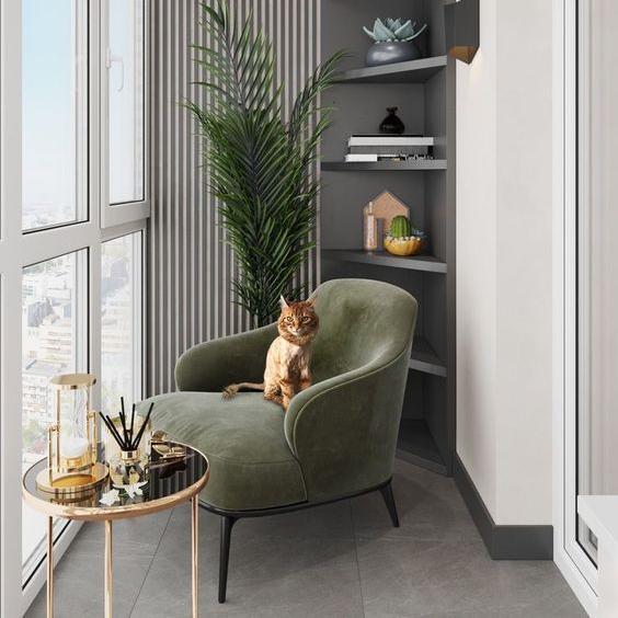 Velvet Lounge Chair With Gold Accent Table: A Modern Touch To Urban Balcony Comfort