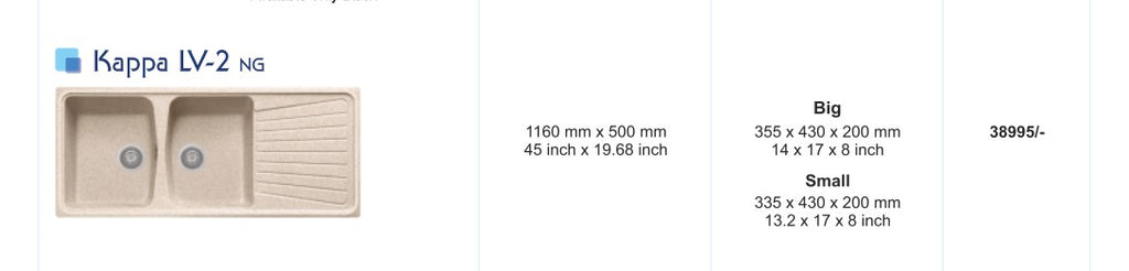 Nirali Kappa LV-2 Kitchen Sink in Quartz