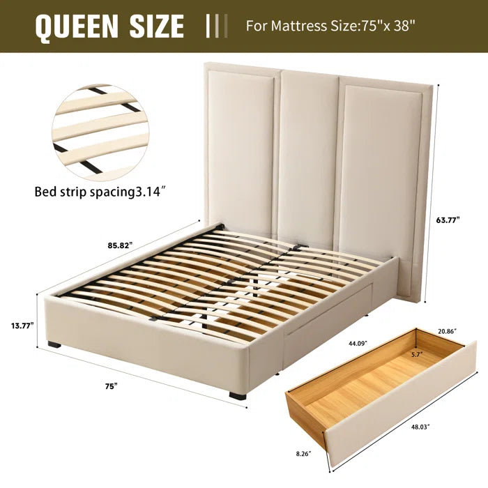 Platform Bed With Extra High Headboard and 2 Extra Large Capacity Drawers