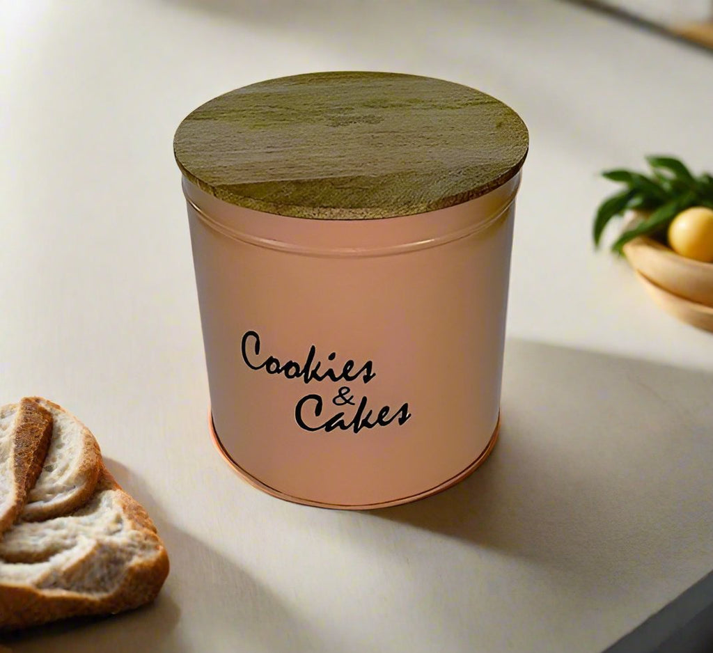 Metal Pinkish Cookies Jar With Wooden Lid/Sweet Life Cookie and Snack Charmer with wooden lid By MA81