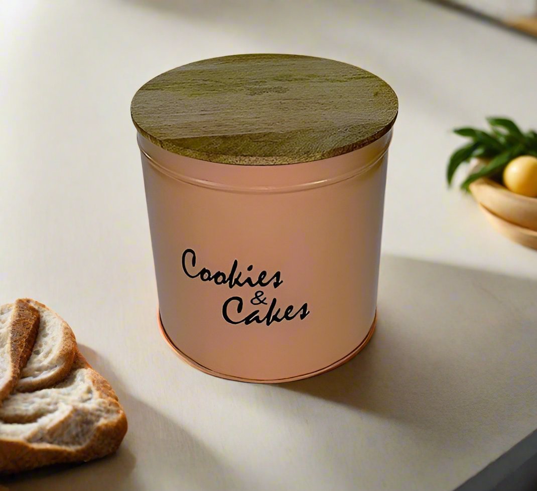 Metal Pinkish Cookies Jar With Wooden Lid/Sweet Life Cookie and Snack Charmer with wooden lid By MA81