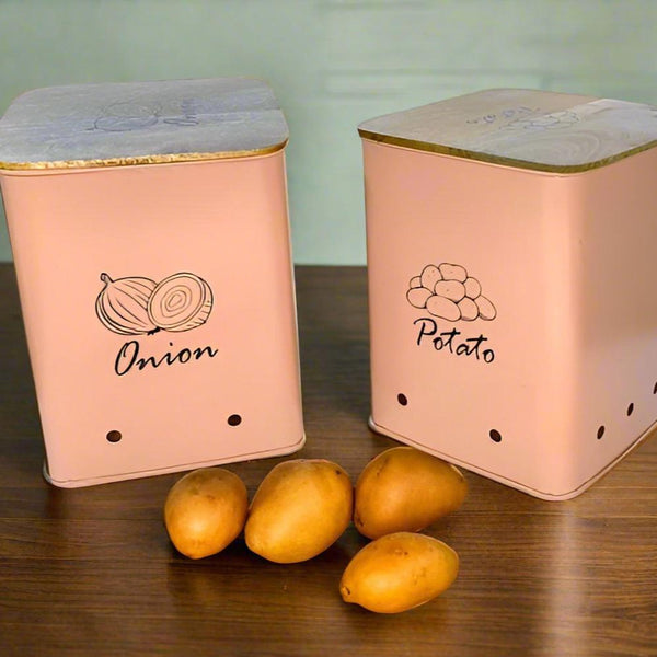 Storage Bin for Potato & Onion 2 Pack Set Countertop Pots Containers with Wooden Lid/Kitchen Canisters Set By MA84