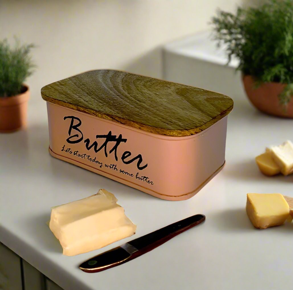 Metal Butter Container Holder Storage With Mango Wood Lid By MA85
