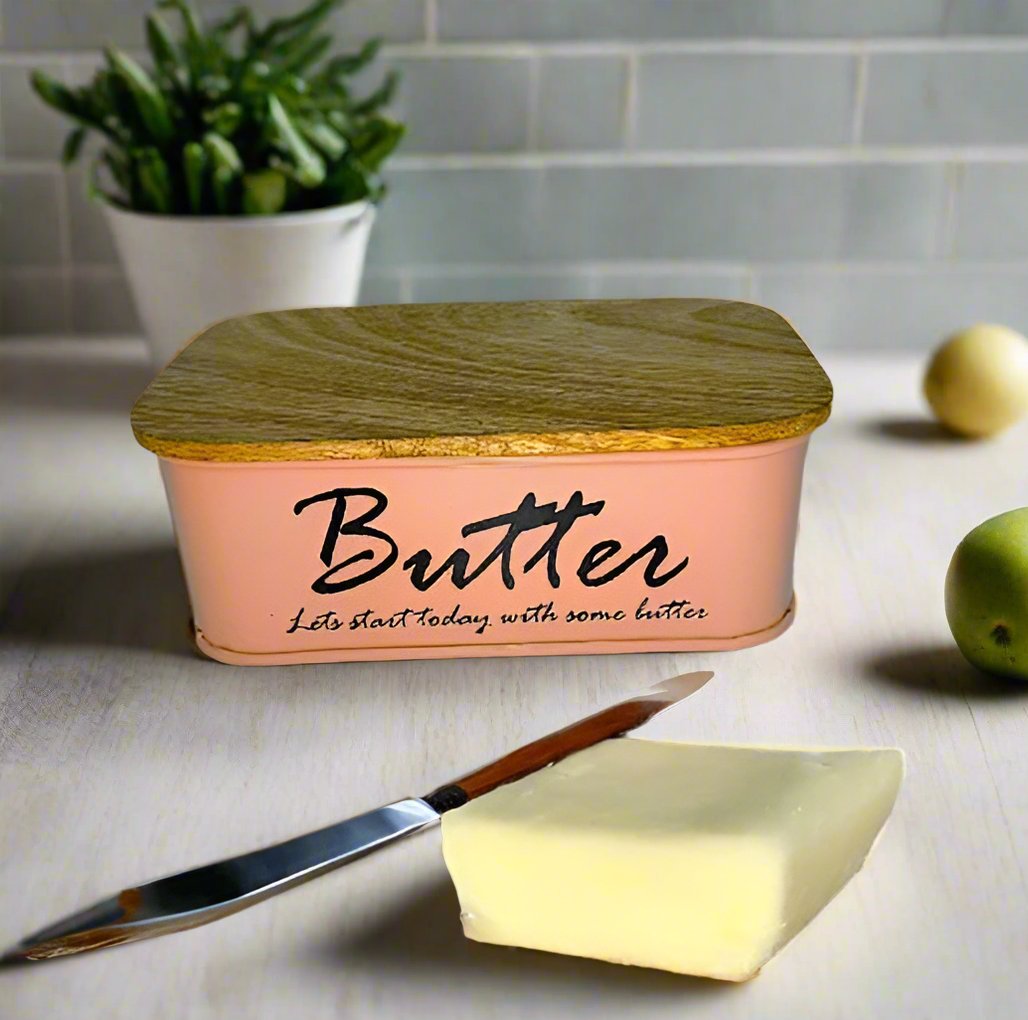 Metal Butter Container Holder Storage With Mango Wood Lid By MA85