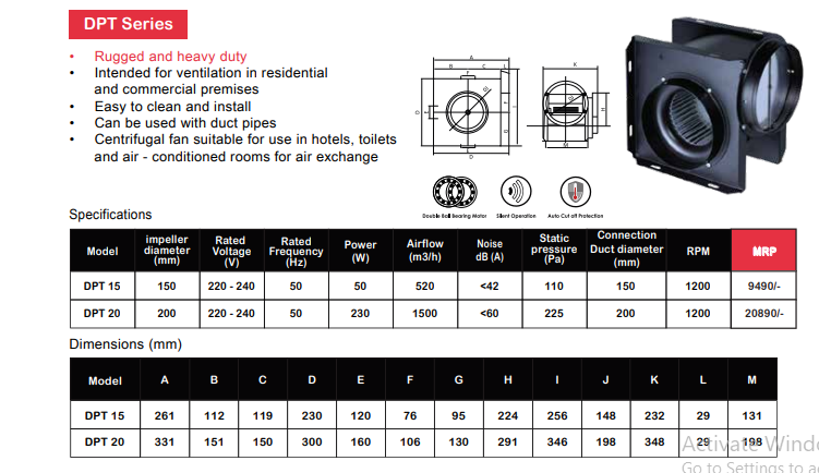 Metal DPT Series Ventilation/Exhaust Inline Fan By Wadbros