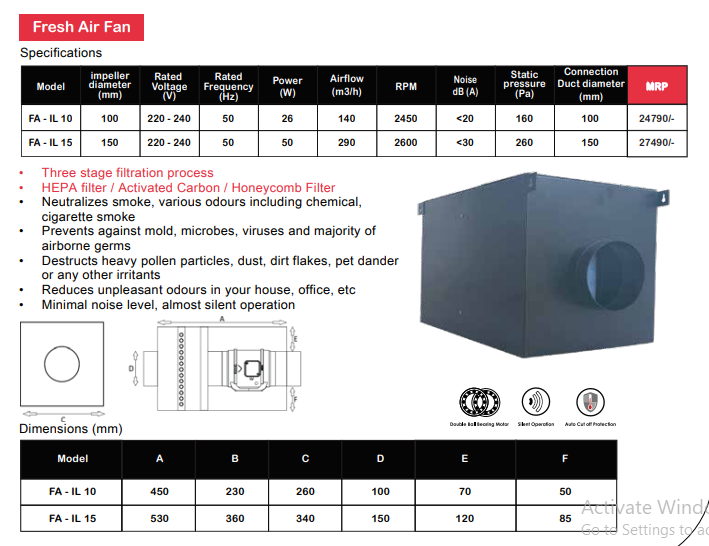 FA - Fresh Air Filter Fan Metal For Ventilation/Exhaust Inline Fan By Wadbros