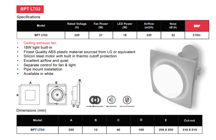 Ceiling Exhaust Fan BPT LT-03 Ventilator With LED Light-By Wadbros