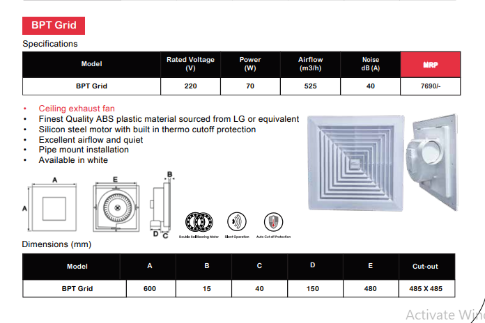 BPT Grid Exhaust Fan 2 x 2  by Wadbros 1 PC