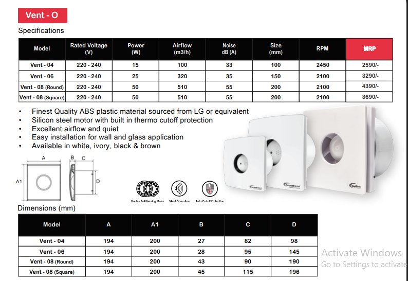 Vent 0 Series Ventilation/Exhaust Fan ( Vent 04, Vent 06 & Vent 08) By Wadbros