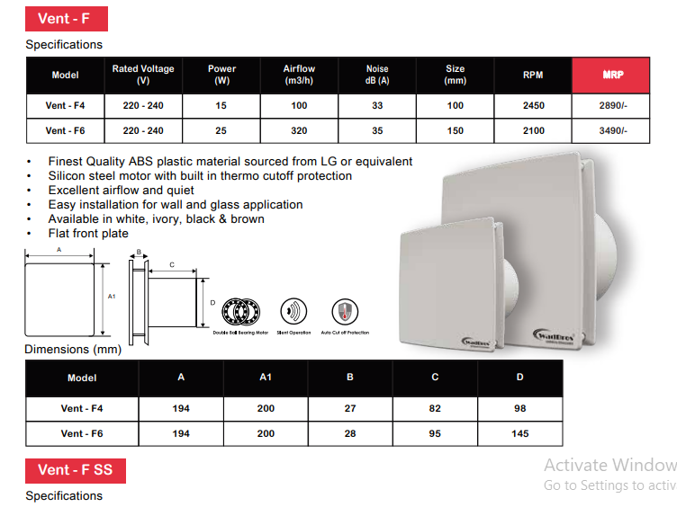 Vent F Series Ventilation/Exhaust Fan ( Vent F 4 & Vent F 6 ) By Wadbros