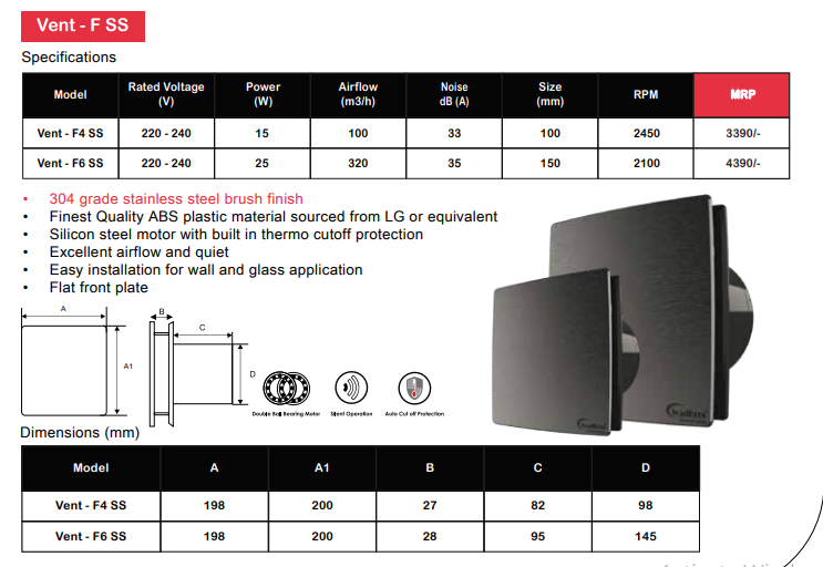 F4 & F6 SS Brush Finish Ventilation/Exhaust Fan In Stainless Steel By Wadbros