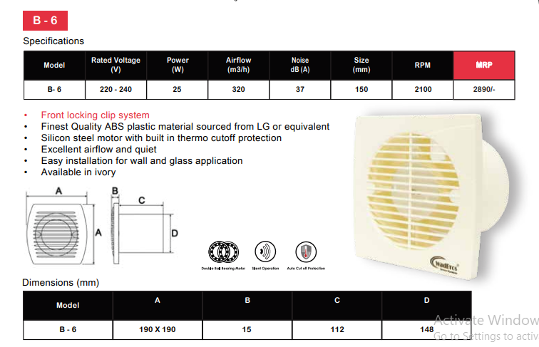 B-6 ABS Plastic Ventilation Fan with Thermal Cutoff Protection by Wadbros