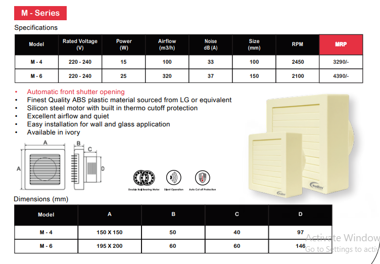 M - Series Ventilation/Exhaust Fan Ivory Color By Wadbros