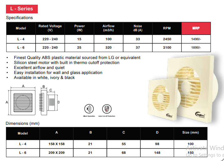 Vent L - Series Ventilation/Exhaust Fan By Wadbros