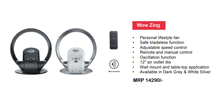 WOW & WOW Plus Bladeless Surface / Wall Mounted Personal Air Circulation Fan With Remote By Wadbros