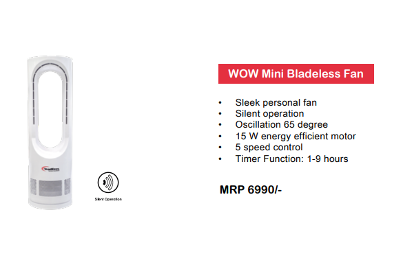WOW Mini Bladeless Personal Fan – 15W Silent Cooling Fan By Wadbros