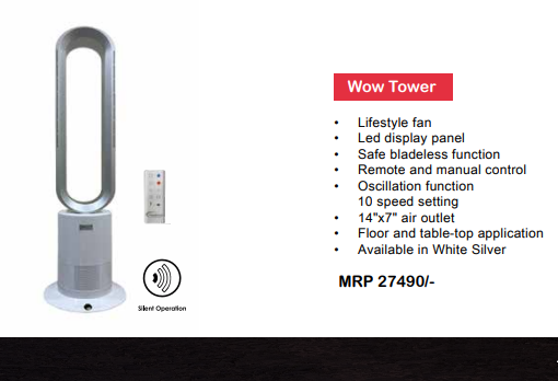 Wow Tower Electrical Bladeless Fan Series With Remote By Wadbros