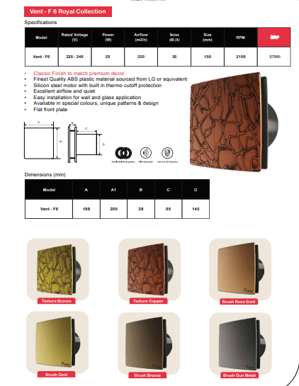 Royal Collection Vent Series Ventilation/Exhaust Fan By Wadbros