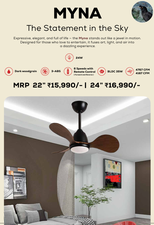 Myna Remote Operated Forward And Reverse 3 Blades Ceiling Fan 1 PC By Wadbros