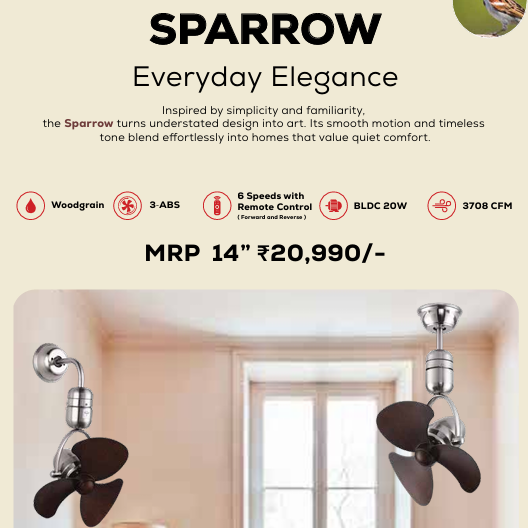 Sparrow Remote Operated Forward And Reverse 3 Blades Ceiling Fan 1 PC By Wadbros