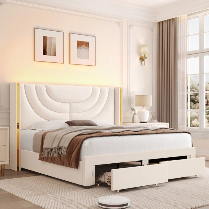Luxurious Velvet Wingback Bed With Hidden Storage Solution