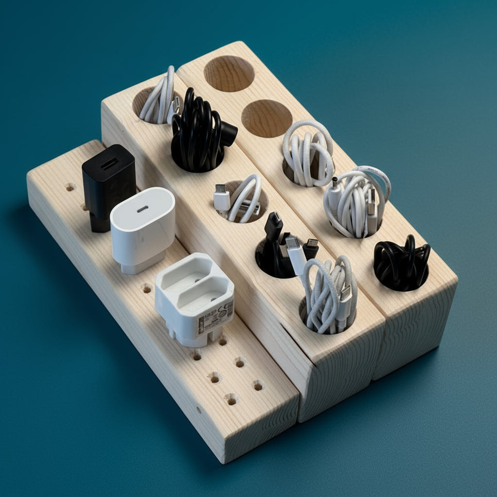 Wooden Charger & Cable Organizer Block Set of 3 By Miza