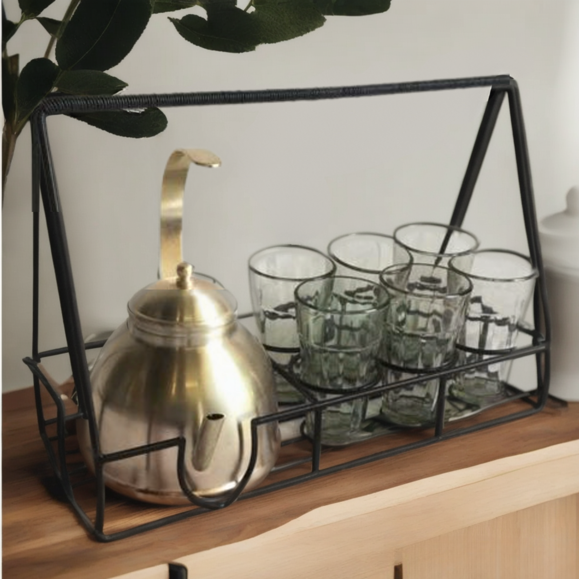 Stainless Steel In Beige Gold Finish Desi Tea Set with Kettle & 6 Glasses By MK
