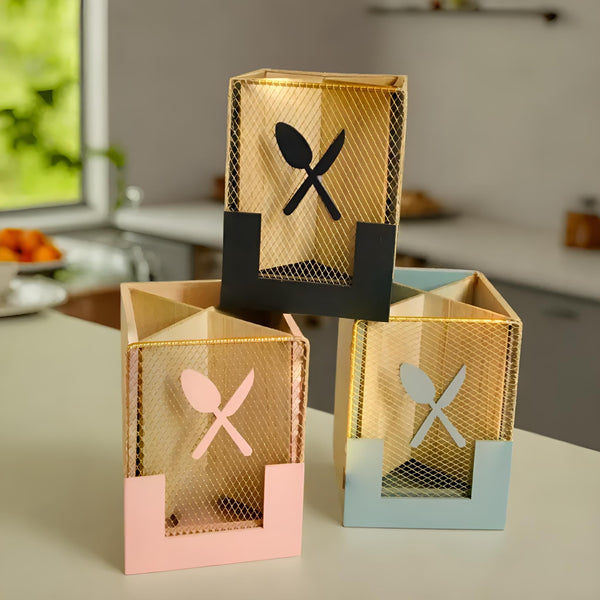 Wooden & Metal Cutlery Holder Utensils & Spoon Stand For Kitchen-Random Color-1 PC-BY APT