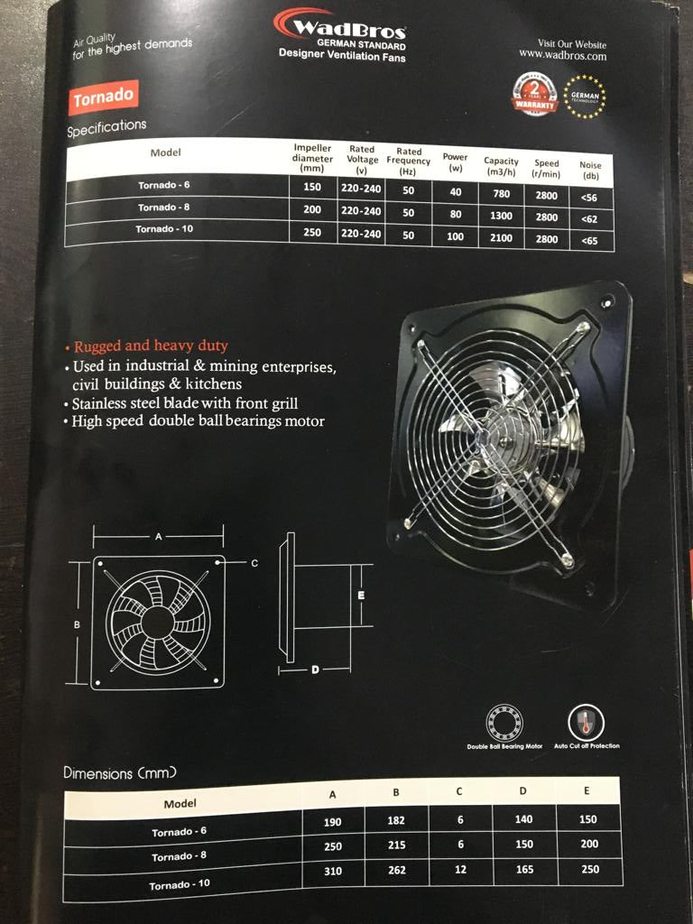 Tornado Ventilation/Exhaust Fan For Kitchen /Bathroom/Residential /Industrial In Stainless Steel By Wadbros