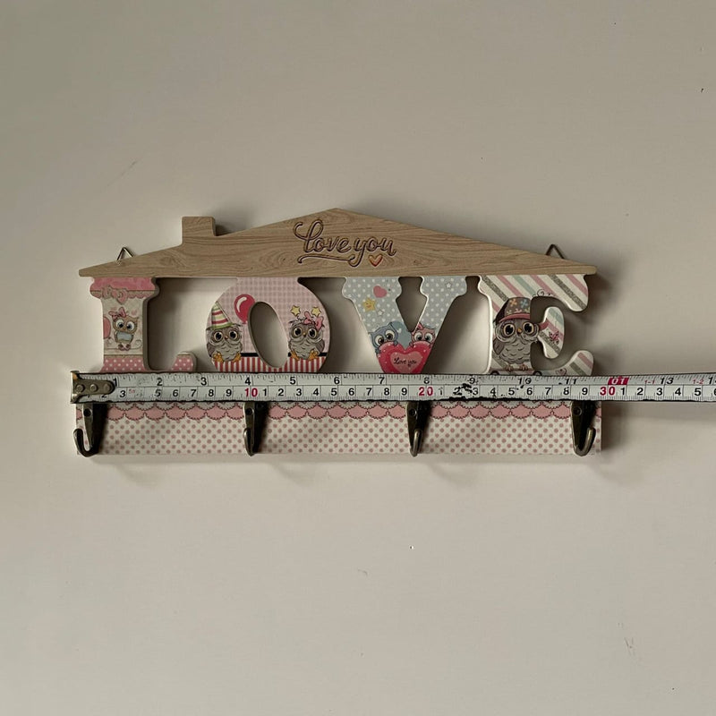 Stylish Love Design Wooden Colorful Key Holder With 4 Hooks for Hanging -1 PC-BY APT