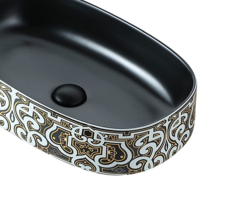 Midnight Black Oval Wash Basin With Intricate Black Artwork By TGF