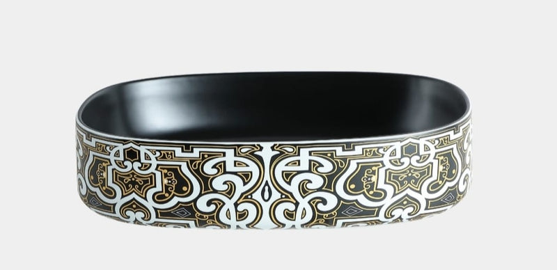 Midnight Black Oval Wash Basin With Intricate Black Artwork By TGF