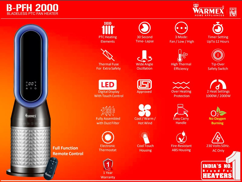 B-PFH 2000 Mood Lighting Bladeless PTC Tower Fan Heater With LED Display By Warmex