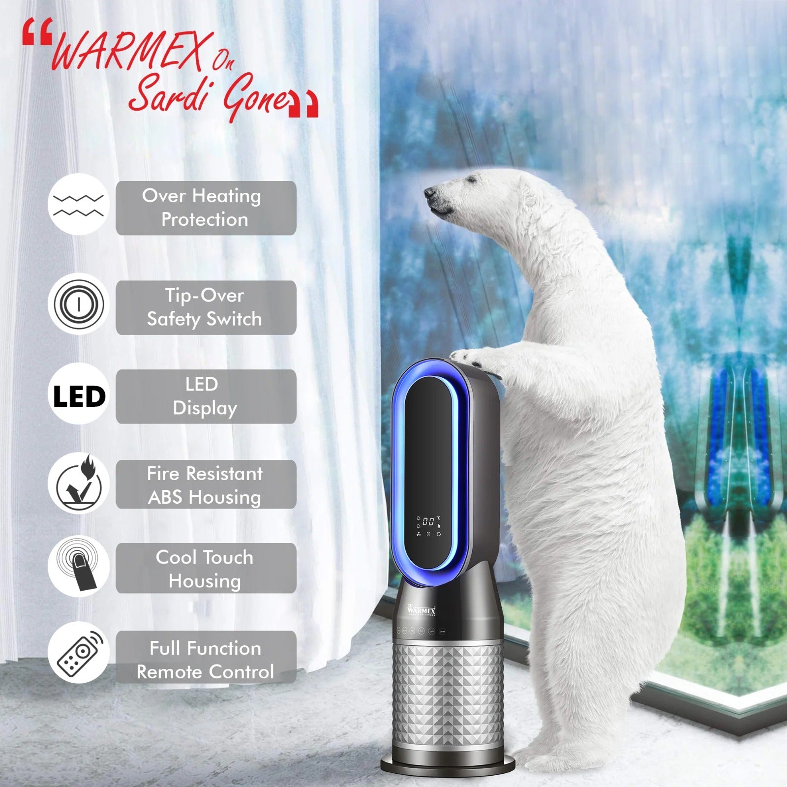 B-PFH 2000 Mood Lighting Bladeless PTC Tower Fan Heater With LED Display By Warmex