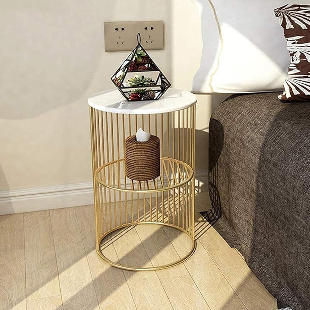 Round End Table Side Table With White Marble & Gold Metal Frame By APT