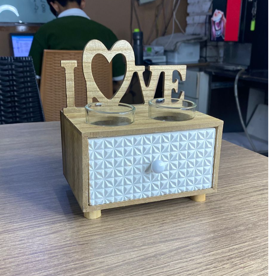 Handcrafted Wooden LOVE-Themed Candle Holder With Drawer By- APT