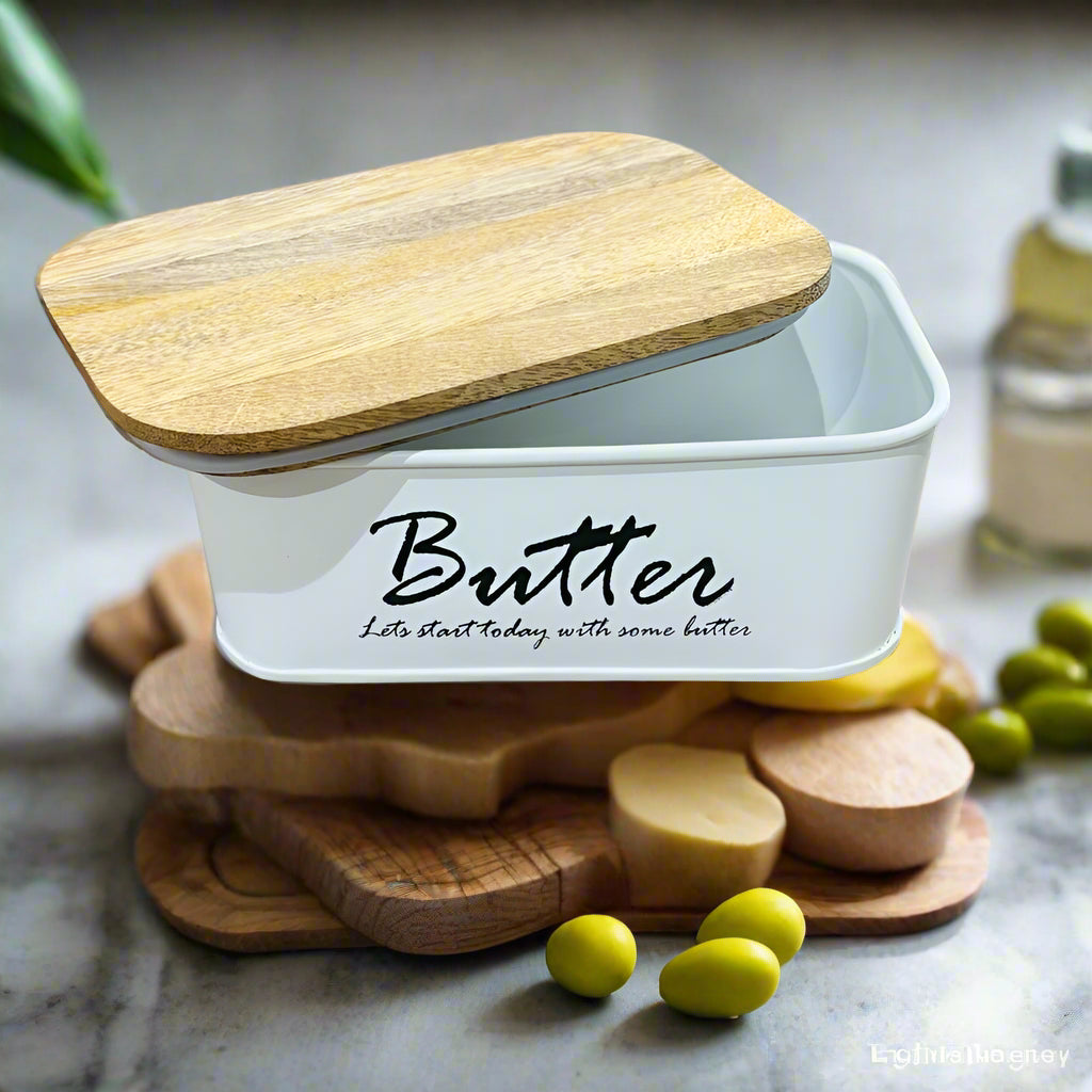 Metal Butter Container Holder Storage With Mango Wood Lid By MA85