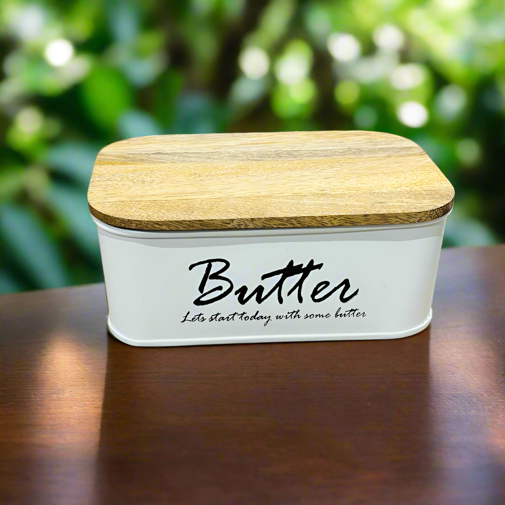 Metal Butter Container Holder Storage With Mango Wood Lid By MA85