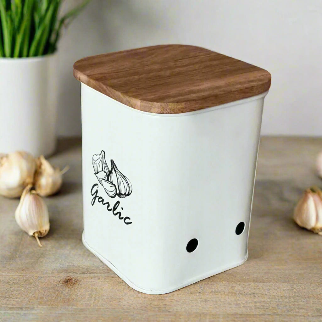 Garlic Storage Canisters With Mango Wood Lid & Holes For Oxygen By MA78