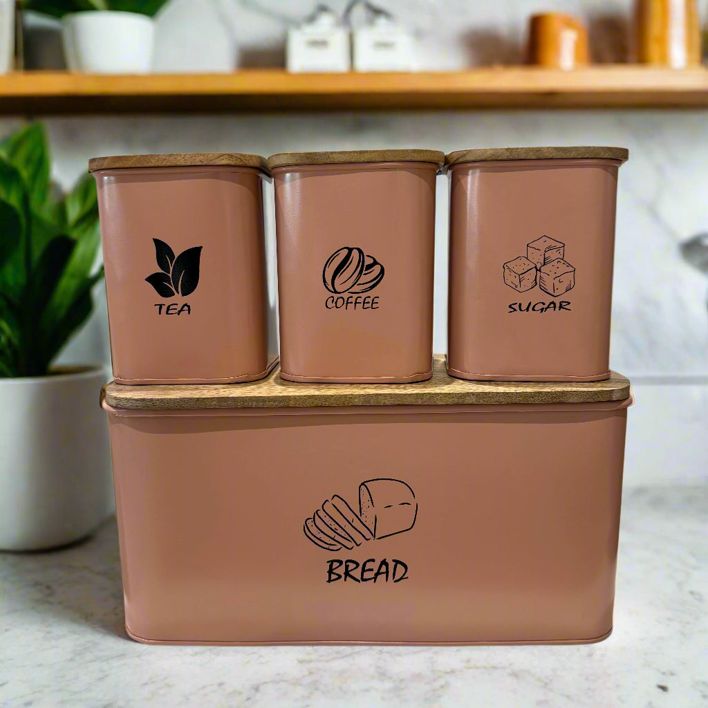 Bread Box And 3-Piece With Sugar Tea Coffee Containers Sets For Kitchen Countertop By MA-WH4 PEACH