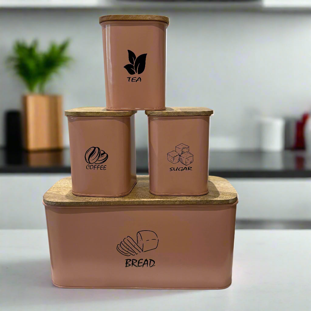 Bread Box And 3-Piece With Sugar Tea Coffee Containers Sets For