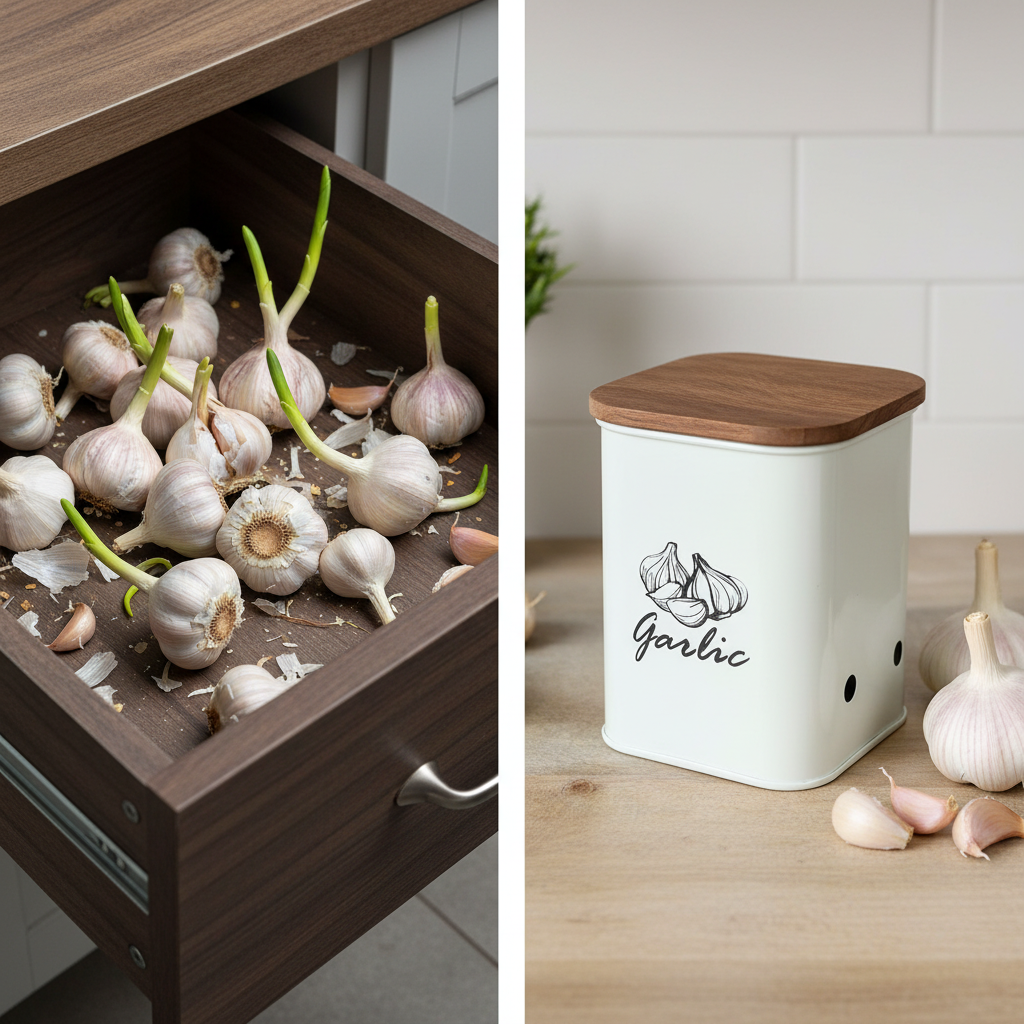 Garlic Storage Canister | Iron Body, Mango Wood Lid & Ventilation Holes | Peach & White By MA78