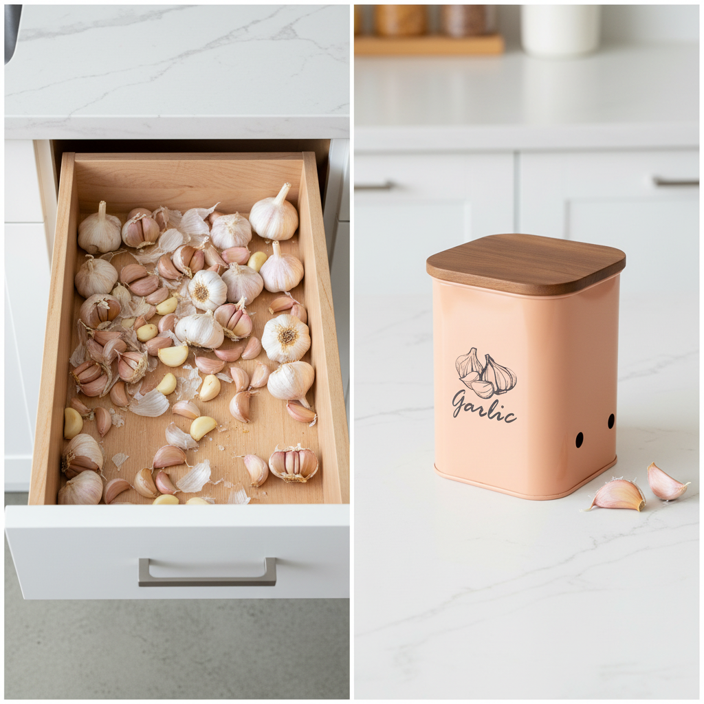 Garlic Storage Canister | Iron Body, Mango Wood Lid & Ventilation Holes | Peach & White By MA78