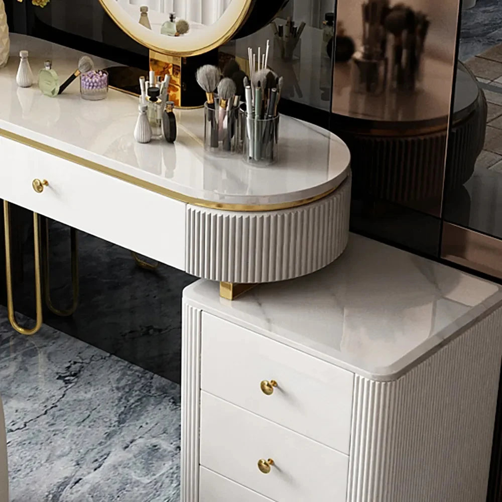 Modern Makeup Vanity Table With Side Cabinet 4 Drawers & Faux Marble Top In White