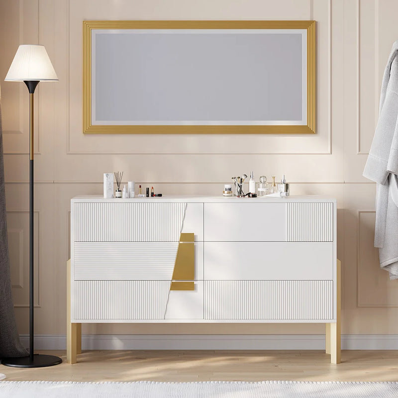 Crisp & Contemporary: 55''W White 6-Drawer Fluted Dresser