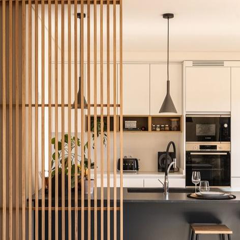 Wooden Room Divider Partition With Vertical Slats – Floor-To-Ceiling Open Design
