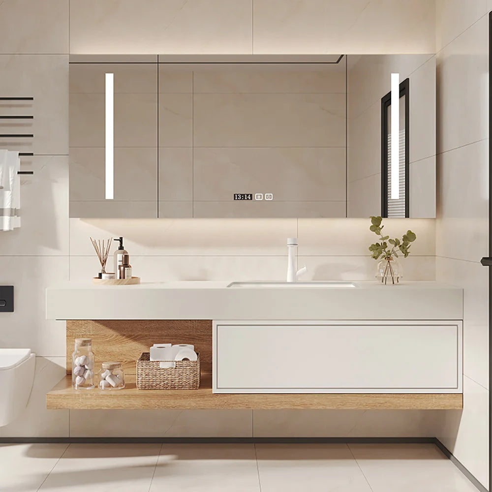Modern Floating Bathroom Vanity Set With Single Sink Wall-Mounted In White & Natural