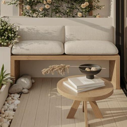 Natural Teak Balcony Furniture Set With Plush Cushions And Minimalist Design For Cozy And Durable Outdoor Comfort